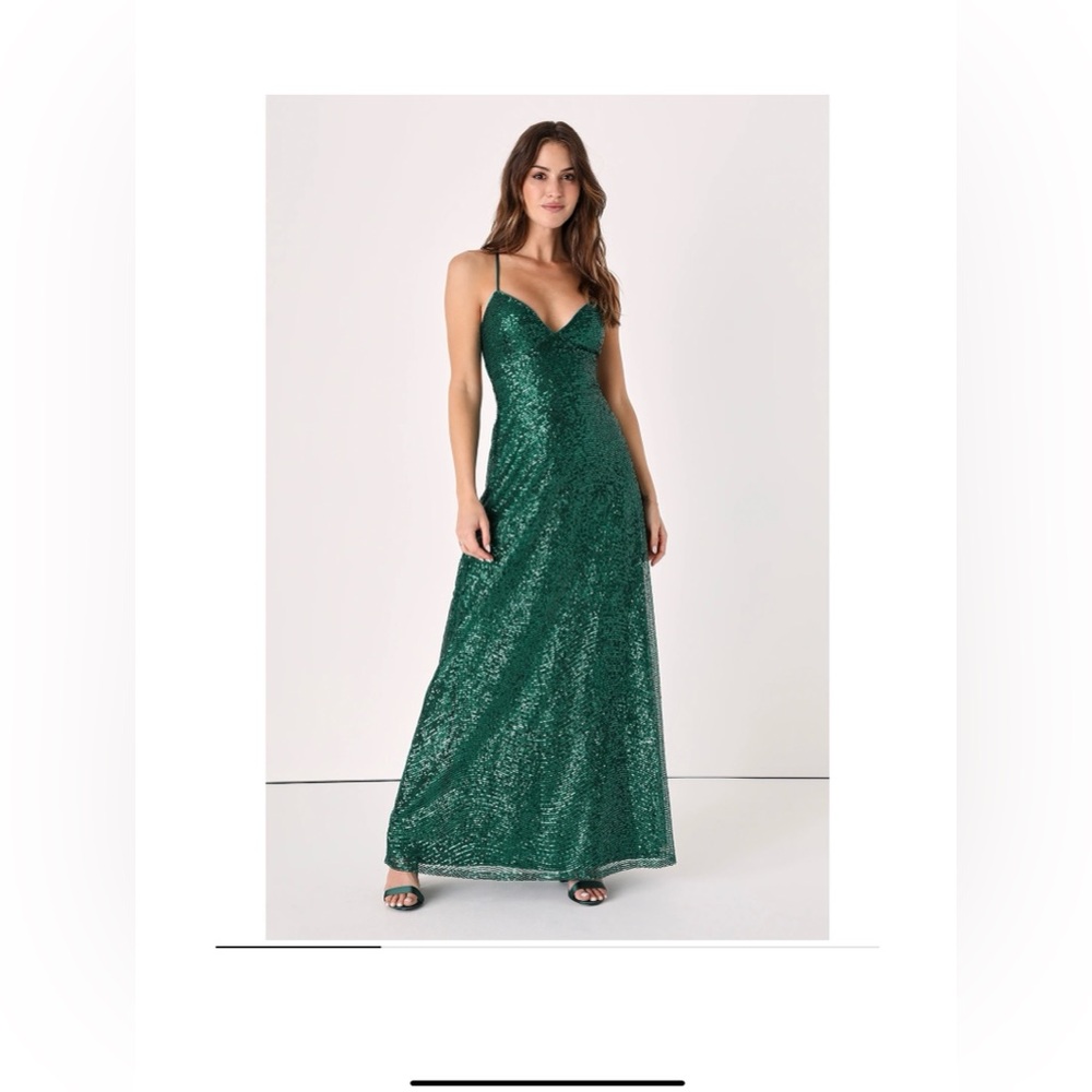 Glitter All Night Emerald Green Sequin Lace-Up Maxi Dress Size Medium